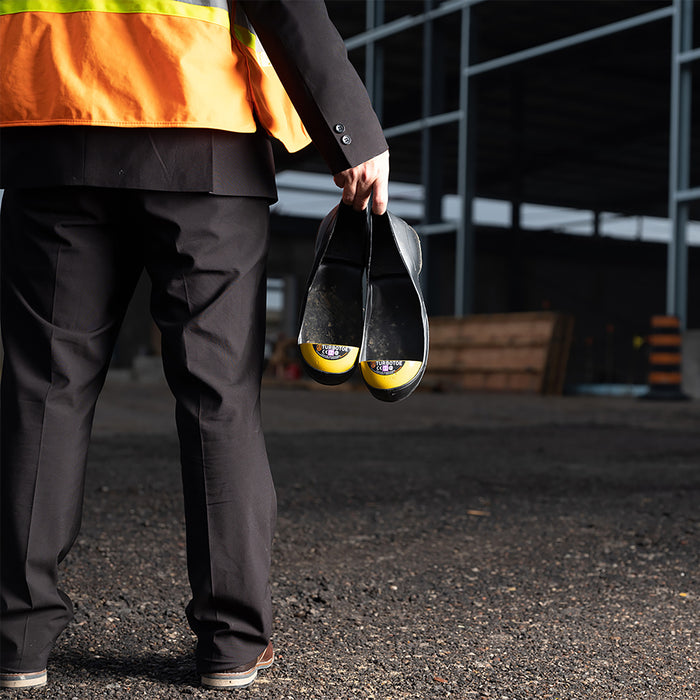 Turbotoe Steel Cap Overshoes are steel toe caps that fit over existing shoes to give you temporary steel toe cap protection instead of needing steel toe boots